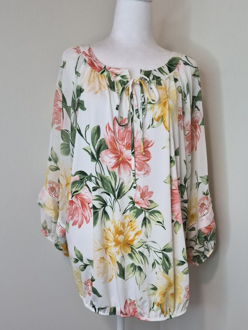 Perseption White Floral Tie-Neck Tunic with Pink & Yellow Blooms Size 3X